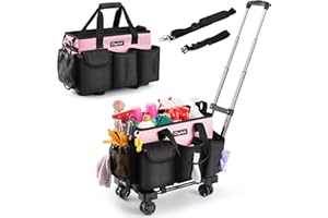 Chyaidach Rolling Cleaning Caddy, Cleaning Supplies Organizer with Trolley, Wearable Cleaning Tote Bag on Wheels with Hard Bottom, Cleaning Carts for Housekeepers/Home/Car/Office/Picnic (Pink)
