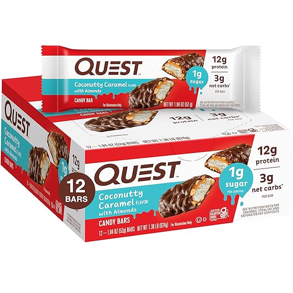 QUEST NUTRITION COCONUTTY CARAMEL CANDY BARS, 12G OF PROTEIN, 3G NET CARBS, 1G OF SUGAR, GLUTEN FREE, 12 COUNT