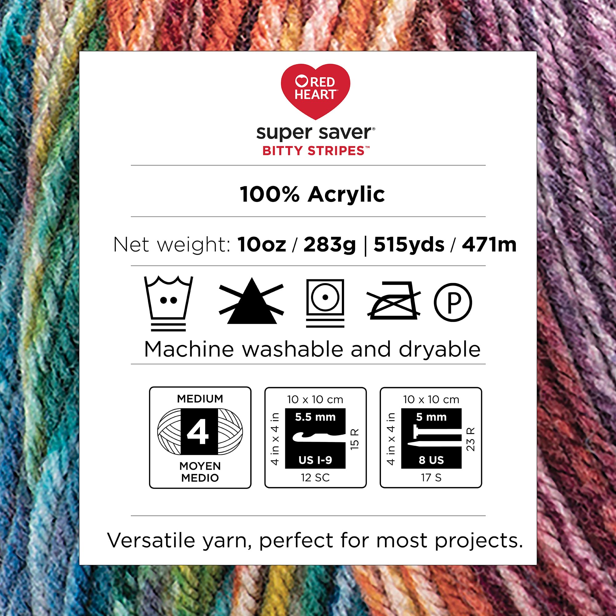 Red Heart Super Saver Bitty Stripes Crayon Box Yarn - 2 Pack of 10oz/283g - 100% Acrylic - #4 Worsted (Medium) - 515 Yards - Knitting/Crochet