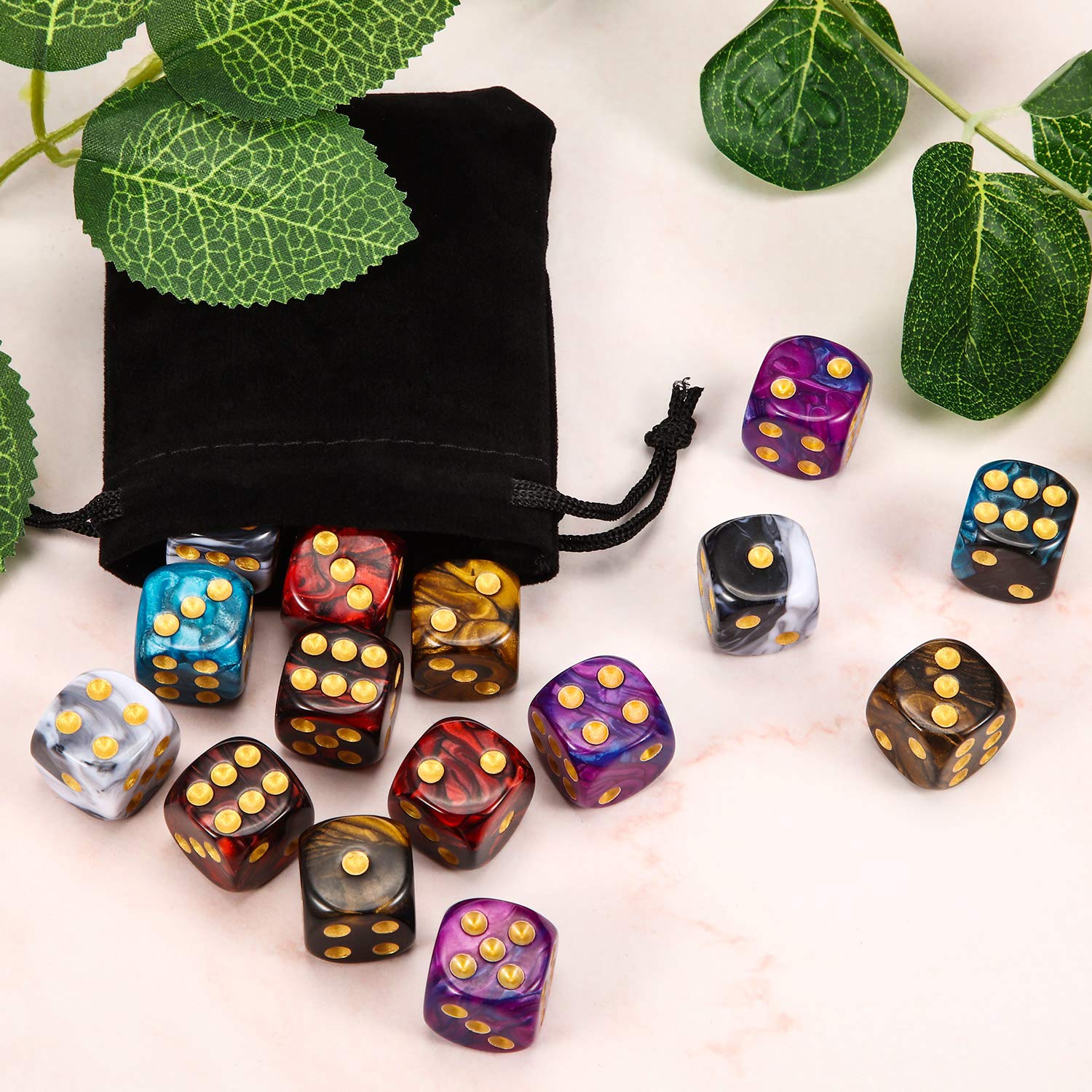 TecUnite 25 Pieces Colored Dice 6 Sided Dice Set, 6 Sided Standard Dices with Black Drawstring Storage Bag for Board Games, Parties, Math Learning, Classroom(Marble Color,6 Sides)