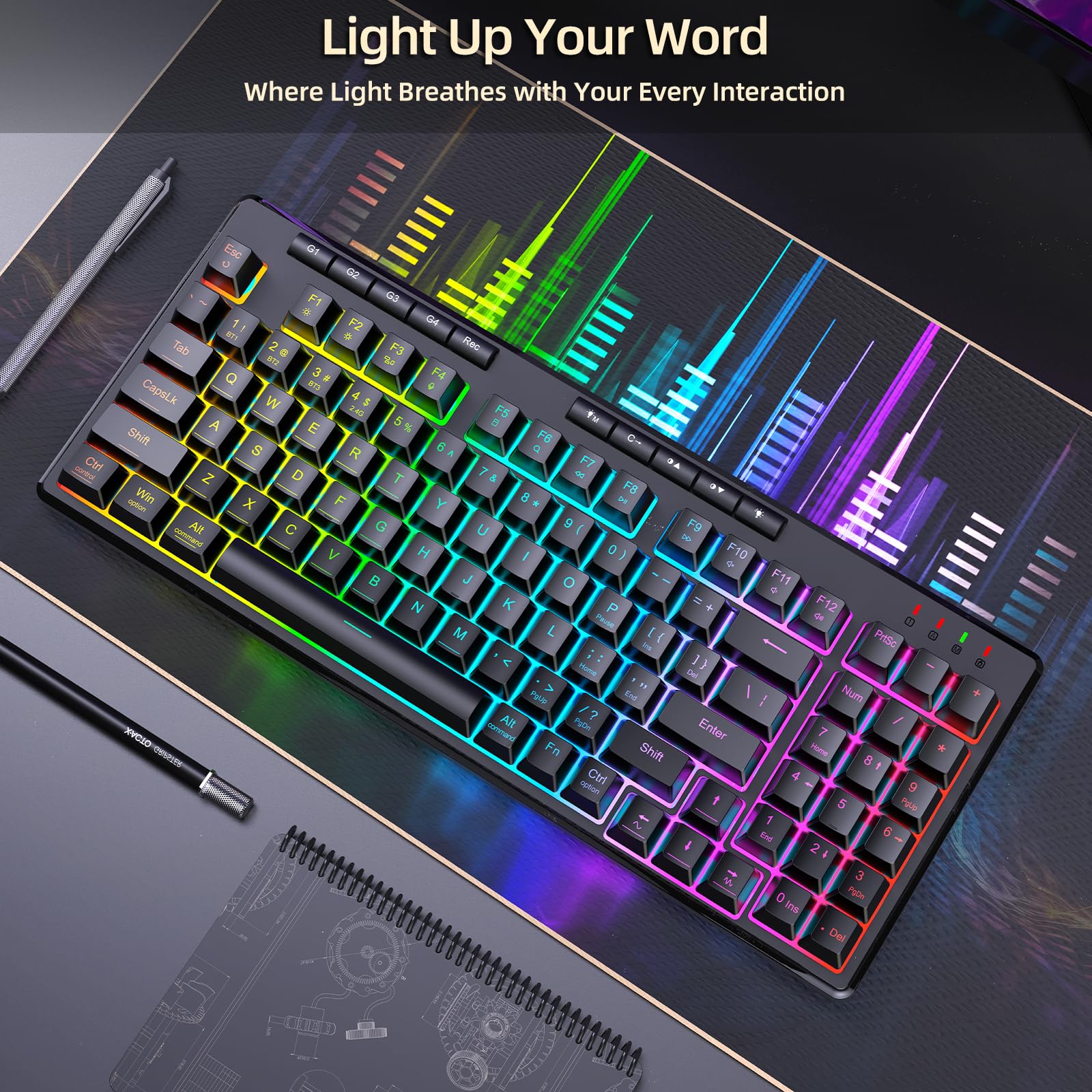 Redragon K517 Pro Wireless Gaming Keyboard, RGB Backlit, Tri-Mode BT/2.4GHz/USB-C, 96% Mechanical Feel 94 Keys Computer Keyboard with 4 Macro Keys, Number Pad, 4000mAh Battery for Win/MAC