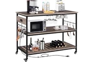 Yaheetech Kitchen Cart with Power Outlet, Rolling Kitchen Island on Wheels with Glass Holder & Hooks, Utility Trolley Cart Coffee Bar Microwave Stand Cart with Lockable Casters, Taupe Wood