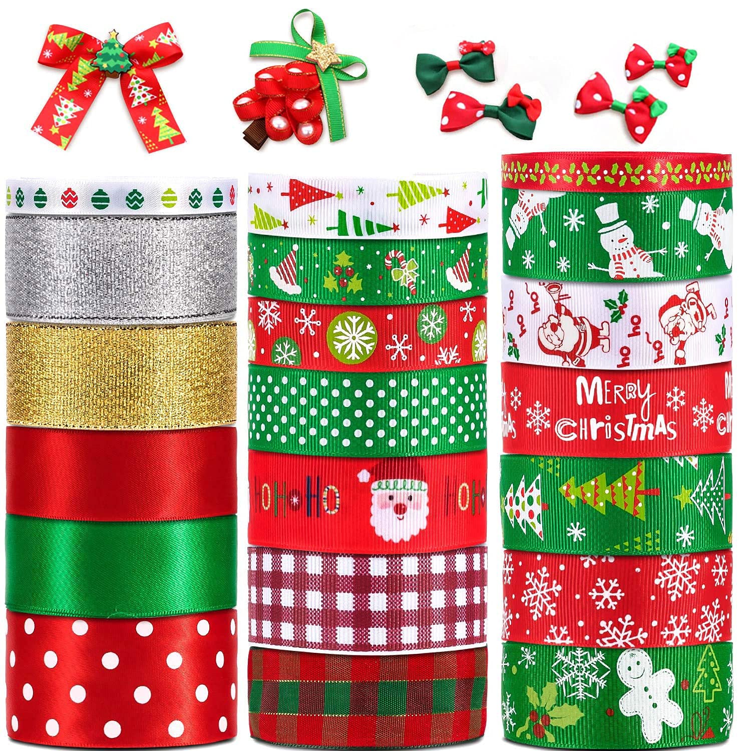 Whaline 20 Assorted Christmas Ribbons, Grosgrain Satin Fabric Ribbon for DIY Crafts, Wrapping, Christmas Party Decoration, 5 Different Widths 40 Yards (20 x 2 Yards)