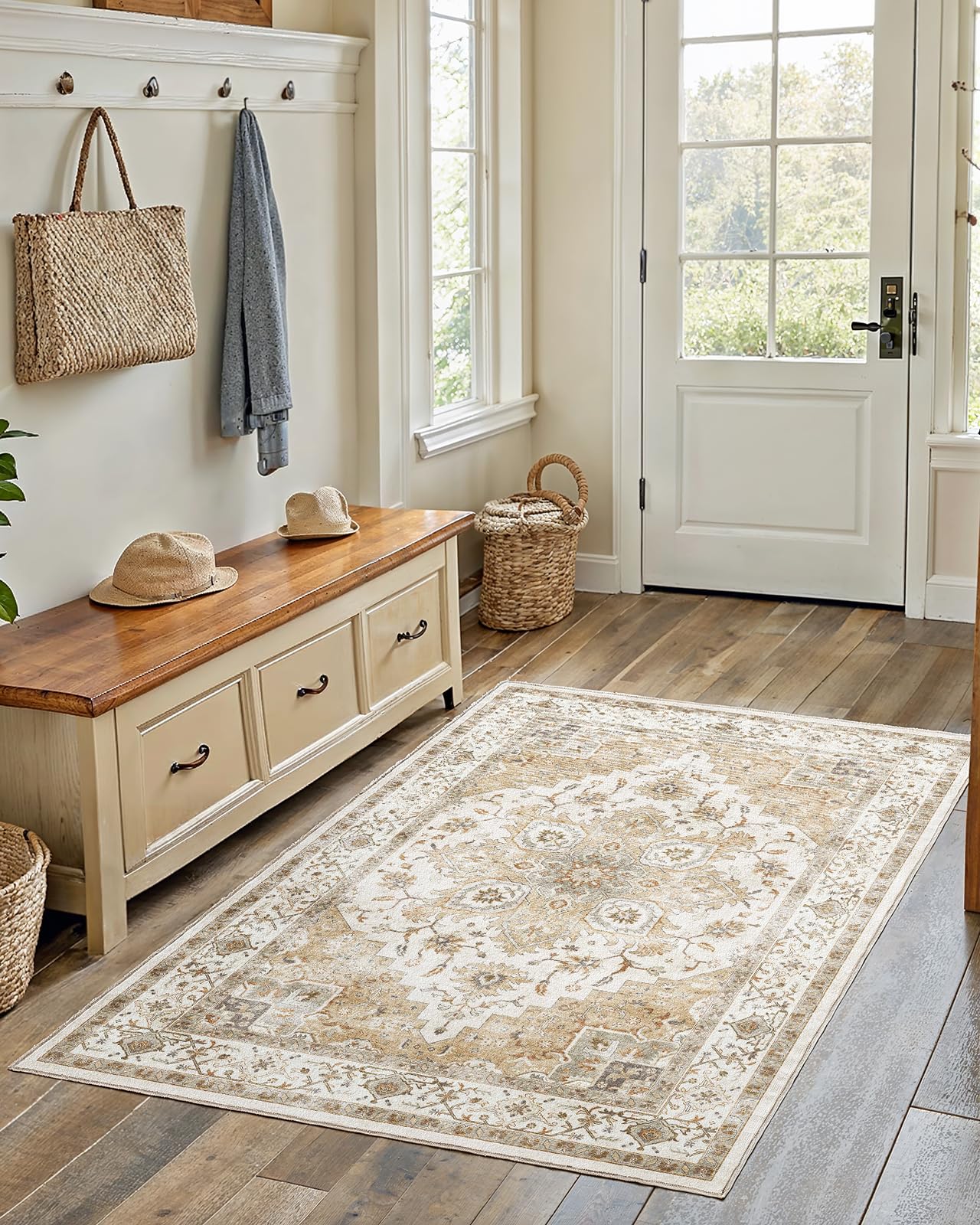 AMADA HOMEFURNISHING 4x6 Washable Area Rug, Low-Profile Entryway Rug with Non-Slip Backing & Durable Edge Binding, Vintage Rugs for Bedroom, Entryway & Kitchen Image