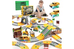 COROIESTY 264 PCS Construction Race Tracks for Kids Toys, Glow in The Dark Magic Toy Set, 2 Light Up Cars Track, 3 Construction Cars, Flexible DIY Track Set, Birthday Gift for Age 3-9 Boys Toddler Girls
