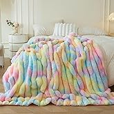 MEGO Fluffy Faux Rabbit Fur Throw, Cozy Ribbed Stripe Plush Fuzzy Blanket for Bed Couch Sofa Chair, Cute Tie Dye Shaggy Throw Bedroom Living Room, Furry Blanket for Kids Girls Teens, 50x60, Rainbow