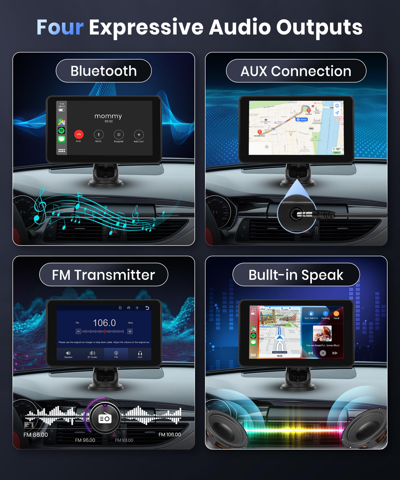 podofo Wireless Carplay Screen for Car,7inch 1080P HD IPS Touch Screen Portable Car Radio Audio Receivers, Wireless Android Auto Screen 2 Mount/2 Bluetooth/MirrorLink/GPS/Voice Control/AUX/FM Transmit