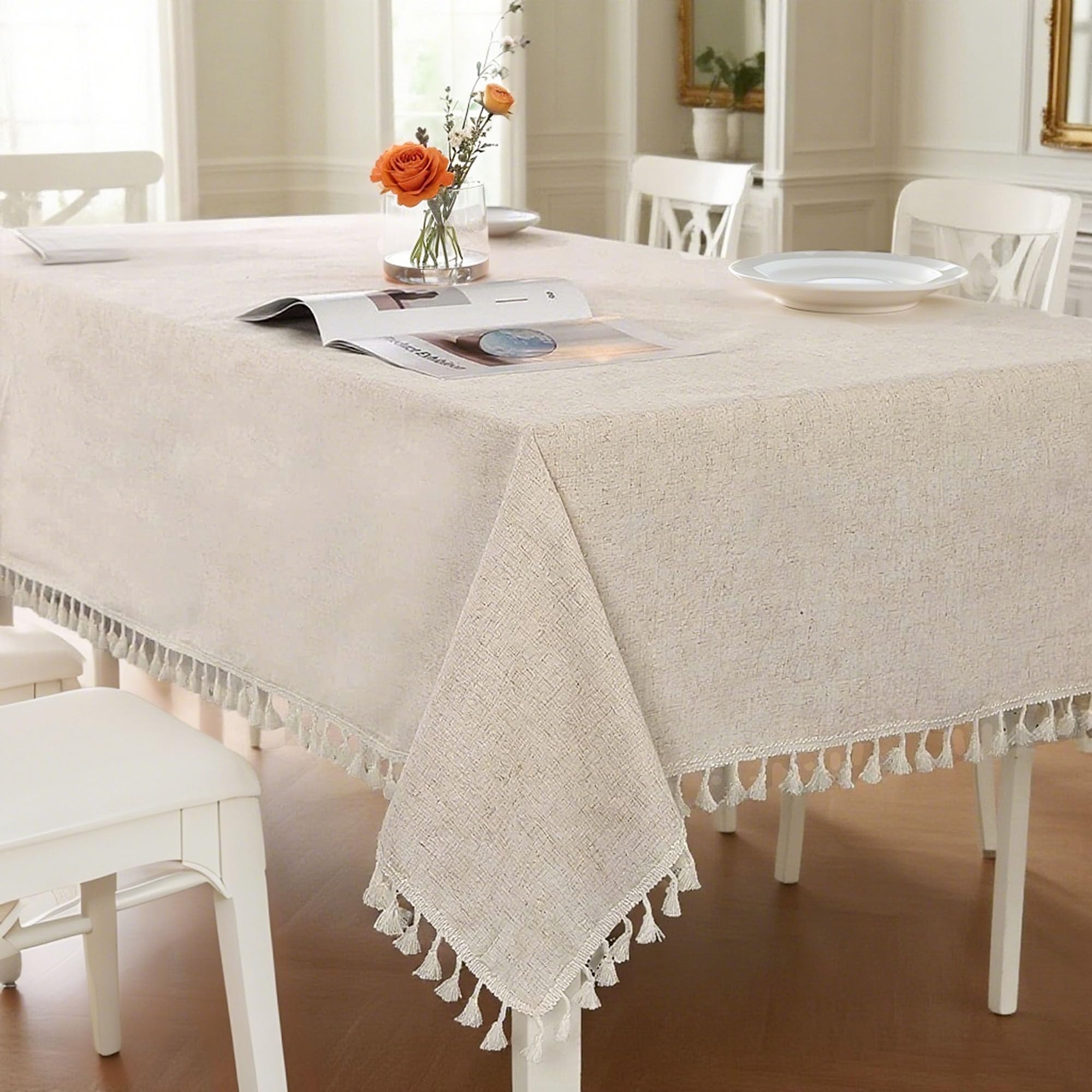 SUCHDECO Tablecloth Rectangular Cotton Linen Table Cloth 140x180 cm, Solid Beige Tablecloths with Tassels Dust-Proof Washable Rectangle Table Cover for Dining Table Kitchen Room Decor Birthday Party