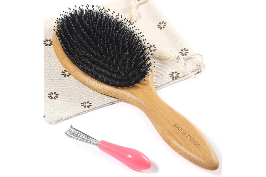 BESTOOL Hair Brush-Boar Bristle Hair Brushes Natural Bamboo Wooden Cushion Massage Anti Static Large Paddle Hairbrush for Women Men and Kid (Round)