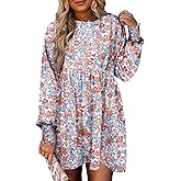 Dokotoo Casual Dresses for Women Flowy Boho Floral Long Sleeve Empire Waist Babydoll Mini Dress