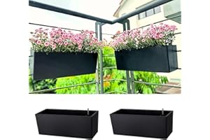 LaLaGreen Deck Railing Planters (14 Inch, 2 Pack) Black Rectangular Window Flower Box with Bracket, Self Watering System Hang