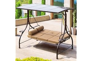 YOLENY Outdoor Patio Swing with Hardtop, 3 Person Porch Swing with 2 Side Cup Holder, Convertible Backrest Swing Bed with Cushion, 2 Pillows for Front, Porch, Lawn, Khaki