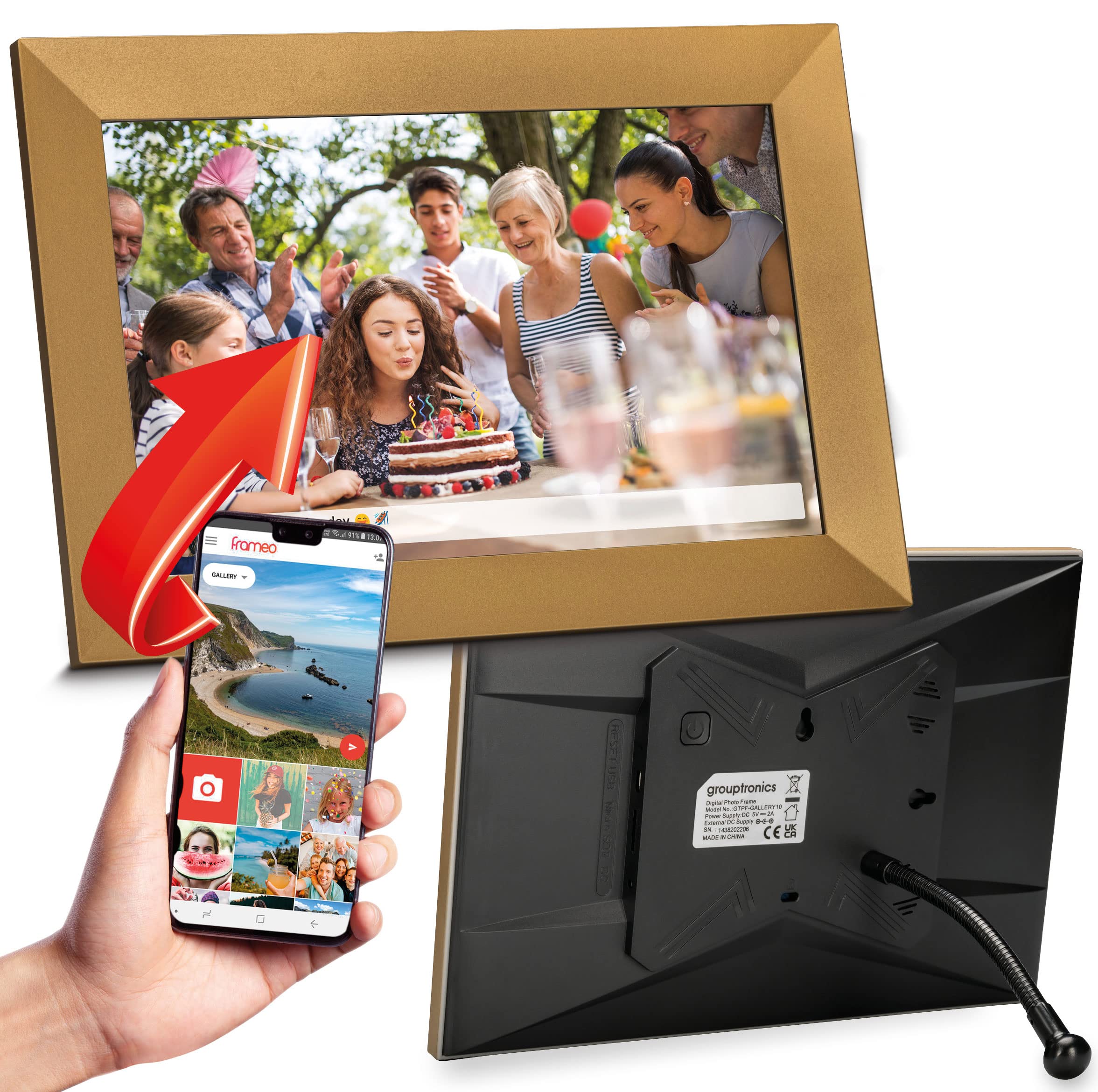 Grouptronics Gallery10 Easy To Use Wi-Fi Digital Photo Frame – 10 Inch, Send Photo or Video Via Free Phone App - Touch Screen, Auto Sleep & Rotate, Bendy Stand, Landscape or Portrait, 16GB - Gold