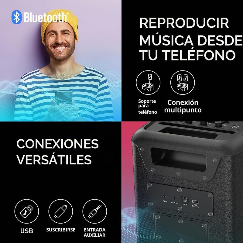 SC-BMAX10E-K Altavoz Portátil para Fiestas con Bluetooth, Luces Integradas, 150 W, USB, Entrada Óptica para TV, Entradas de Guitarra y Micrófono para Karaoke, Negro