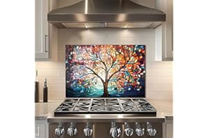 Fzxwyishu Kitchen Backsplash, Watercolor Tree of Life Diagram Tempered Glass Stove Splashback,Kitchen Wall Decoration Art,Stove Back Cover,Easy to clean kitchen decorative tiles,Non UV Printing (30"x20"(76.2x50.8cm))