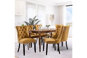 SoarFlash Velvet Dining Chairs Set of 6, Tall Back Side Chair, Modern Upholstered High-end Tufted Side Chair with Button Back Ring, Solid Wood Legs (Gold)