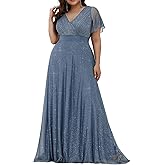 Ever-Pretty Plus Women's Glitter Plus Size Formal Dress Evening Gown V-Neck Short Sleeve Floor Length Mother of Bride Dresses