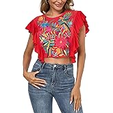 2025 Women's Embroidered Tops Boho Mexican Shirt Sexy Floral Ruffle Short Sleeve Backless Going Out Crop Tunics Top