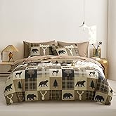 Wake In Cloud - Rustic Comforter Set with Sheets, Cabin Lodge Christmas Bear Moose Deer Wildlife Western Patchwork Country, 7 Pieces Bed in a Bag, Brown, King Size