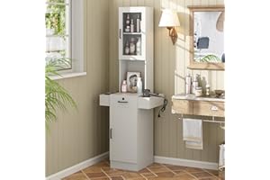 RESHABLE Salon Station for Hair Stylist,Hair Styling Storage Cabinet with Glass Door,Tool Dryer Holders, Salon Beauty Spa Barber Hair Staion, White