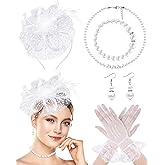 Bniksok 1920s Vintage Fascinators Hat Set for Women Tea Party Hats Veil Mesh Feather Headband Lace Gloves Set