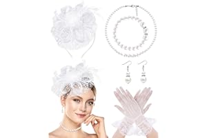 Bniksok 1920s Vintage Fascinators Hat Set for Women Tea Party Hats Veil Mesh Feather Headband Lace Gloves Set
