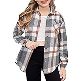 Arshiner Girls Flannel Long Sleeve Shirts Button Down Plaid Shacket Jackets Casual Blouses Tops with Pockets