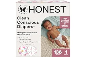 The Honest Company Clean Conscious Diapers for Sensitive Skin | Hypoallergenic, Fragrance Free | Girl Prints | Super Club Box, Size 1 (8-14 lbs), 136 Count (Prints May Temporarily Vary)