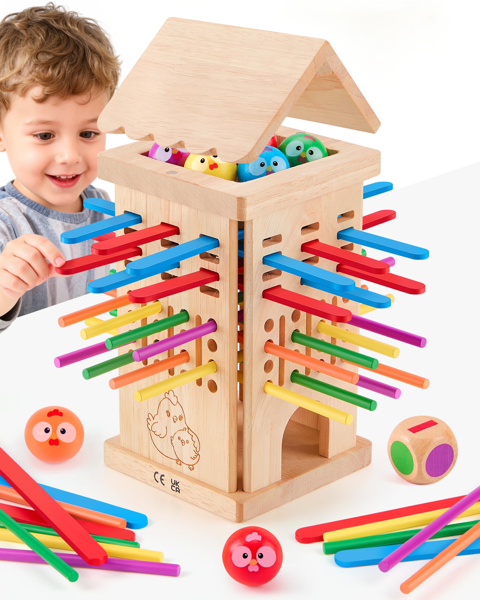 Montessori Spielzeug ab 3 4 5 6 Jahren - Brettspiele aus Holz, Kinder Lernspielzeug mit Bunten Stäbchen & Ball, Würfel Brettspiel für Motorik & Konzentration Geschenk für Mädchen Jungen