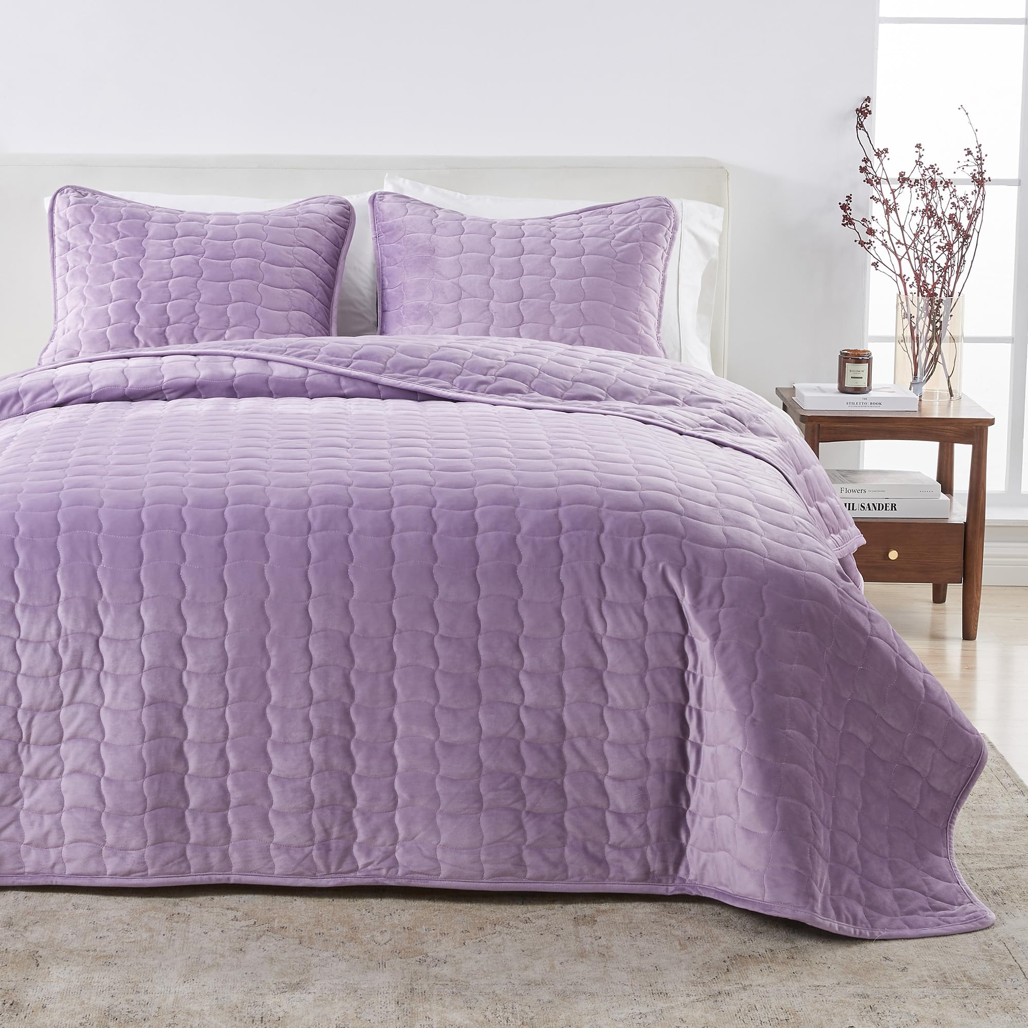Photo 1 of Great Bay Home Full Size Velvet Quilt and Shams Set - Dual-Sided Luxury Velvet, Heavyweight 3-Piece Bedding Set - Ultra Soft, Quilted Box-Stitched and Down-Alternative Fill (Full/Queen, Lavender)