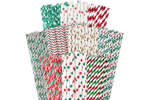 HAKSEN Christmas Paper Straws, Stripe Holiday Straws Bulk in 10 Styles for Drinking, Xmas Party Supplies, DIY Crafts, 125PCS