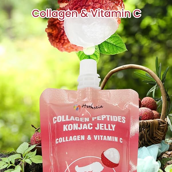 HETHSTIA KONJAC JELLY LYCHEE FLAVOR SQUEEZE POUCH WITH COLLAGEN PEPTIDES, LOW CALORIE(7 KCAL), GLUTEN-FREE, KETO, VITAMIN C DRINKABLE HEALTHY FRUIT SWEET SNACKS & GIFTS, 10 PACKS, ZERO SUGAR