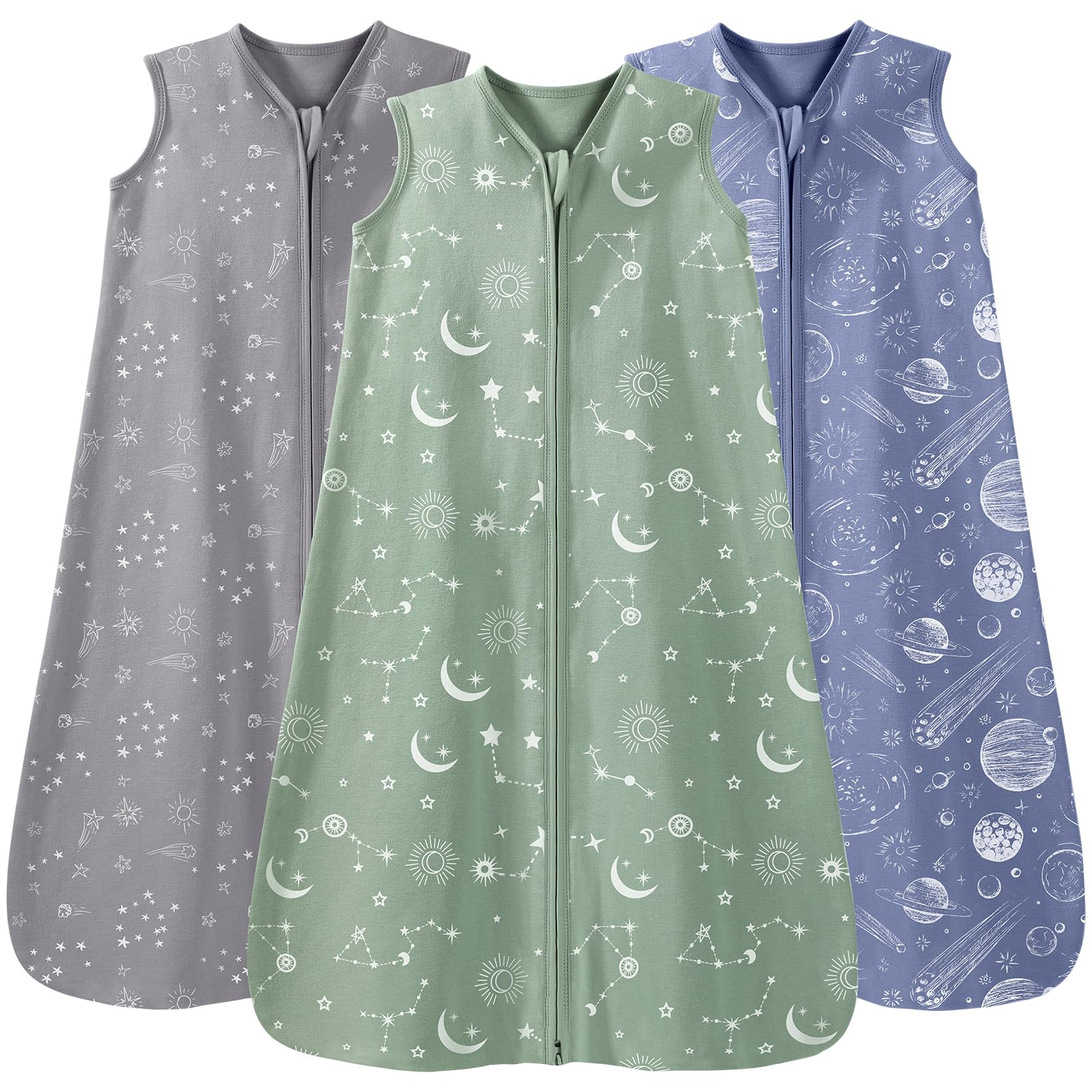 Unnivoll Baby Sleeping Bag Newborn 0.5 Tog Sleep Sack 3 Pack 100% Cotton Baby Wearable Blanket for Boy Girl Toddler 6-12 Months Gray Green Constellation