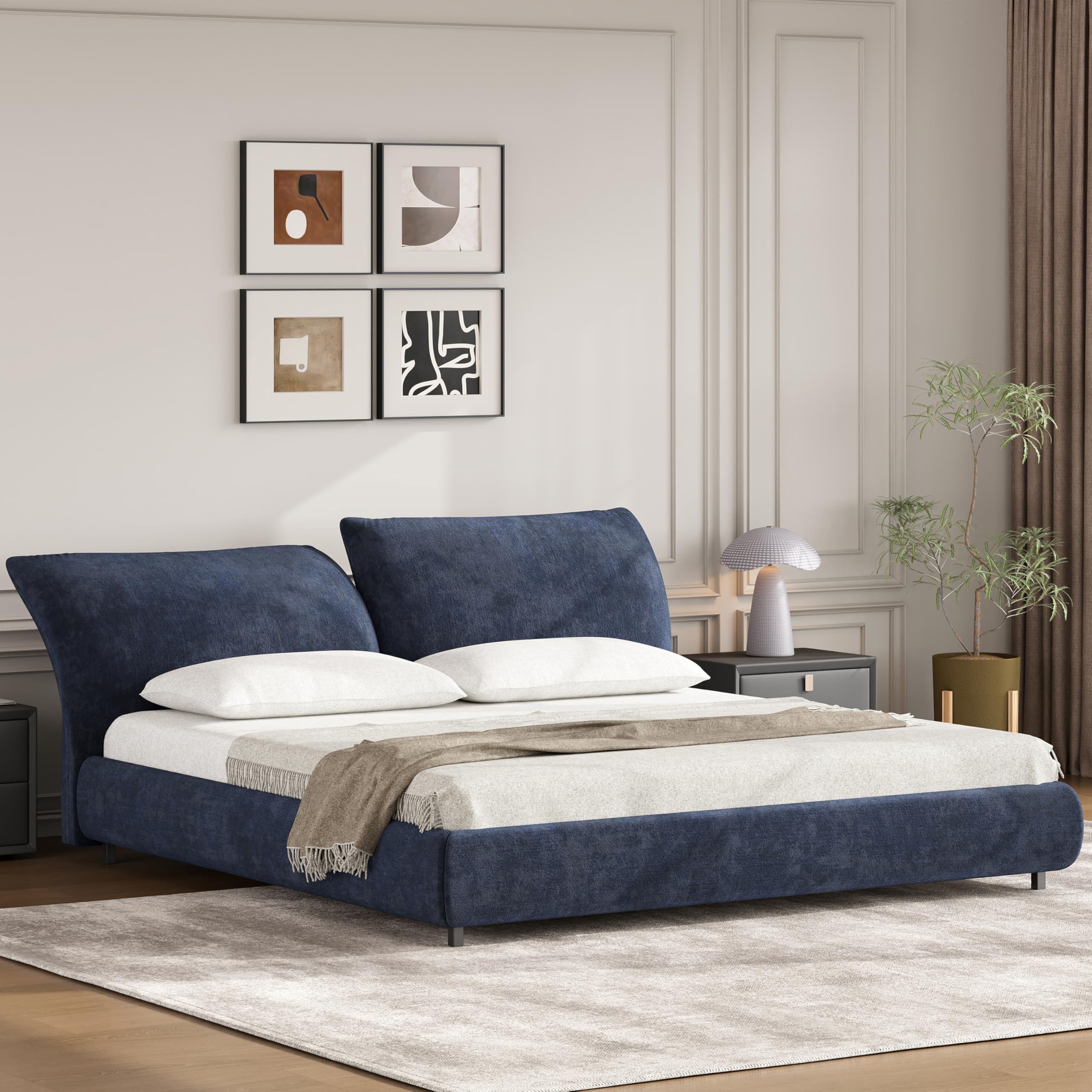 Photo 1 of INCOMPLETE SET ONLY BOX 2 OF 2 !!!  Merax King Size Bed Frame, Contemporary Fabric Upholstered Platform Bed with Two Large & Soft Adjustable Cushions for Bedroom, Solid Wood Slats Support, No Box Spring Needed, Easy Assembly, Dark Blue