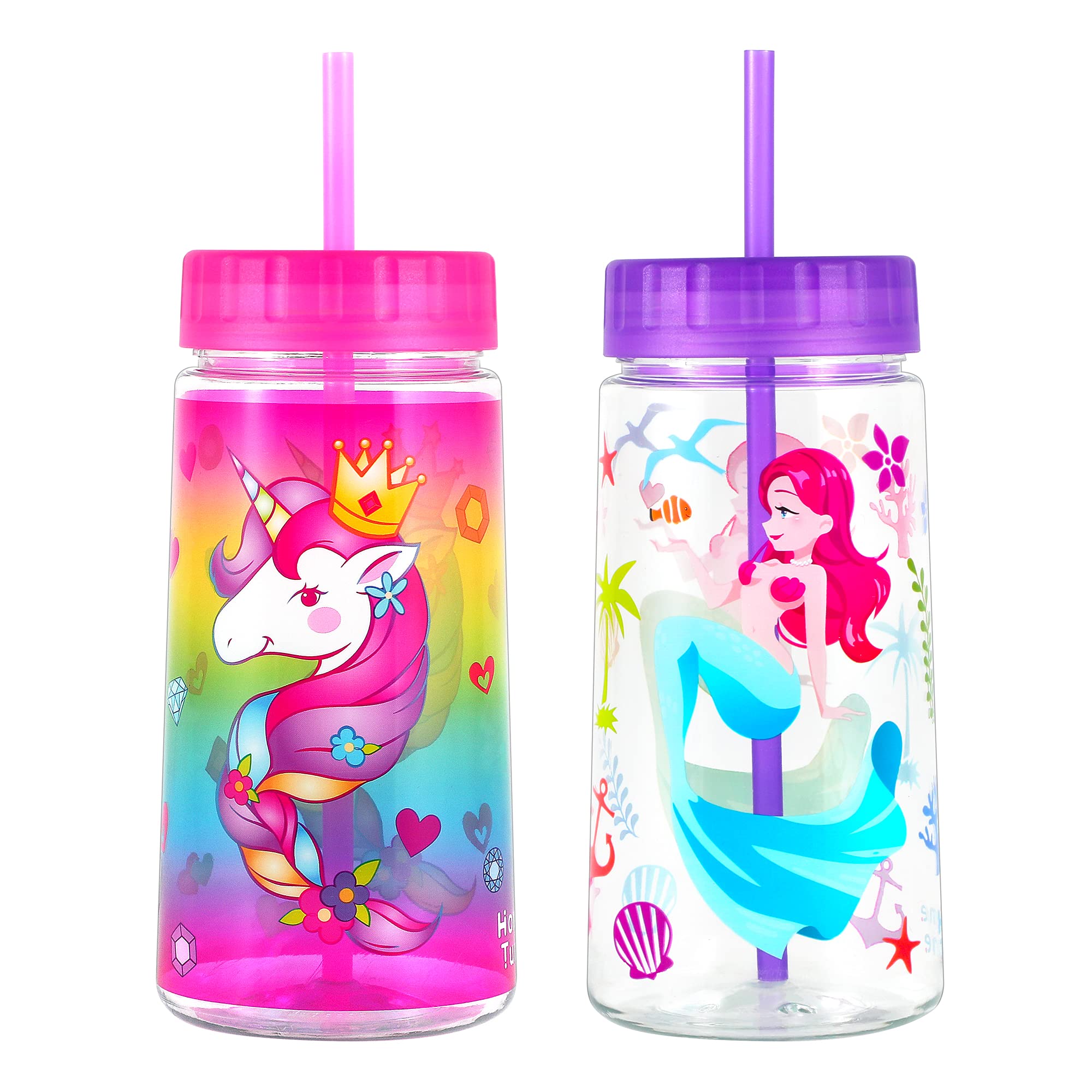 Home Tune 28oz Water Drinking Bottle - BPA Free, Wide Mouth, Travel Beverage Cup with Straw Lid, Lightweight, Water Bottle with Cute Foil Print Design For Girls & Boys - Unicorn & Mermaid 2 Pack