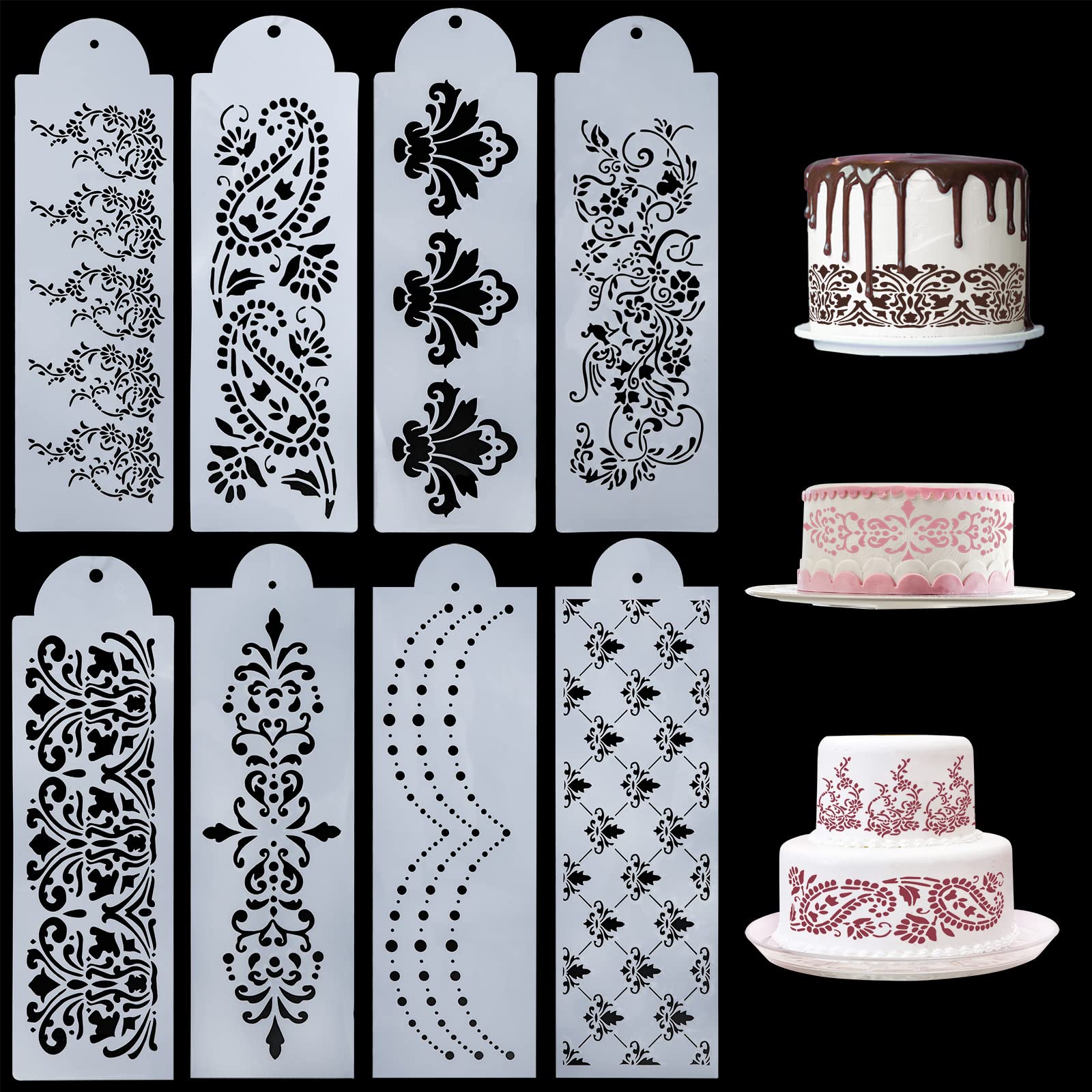Cake Decorating Stencils Floral Edge Templates Reusable Cake Stencils for Cake Fondant Dessert Mousse Decoration 8pcs