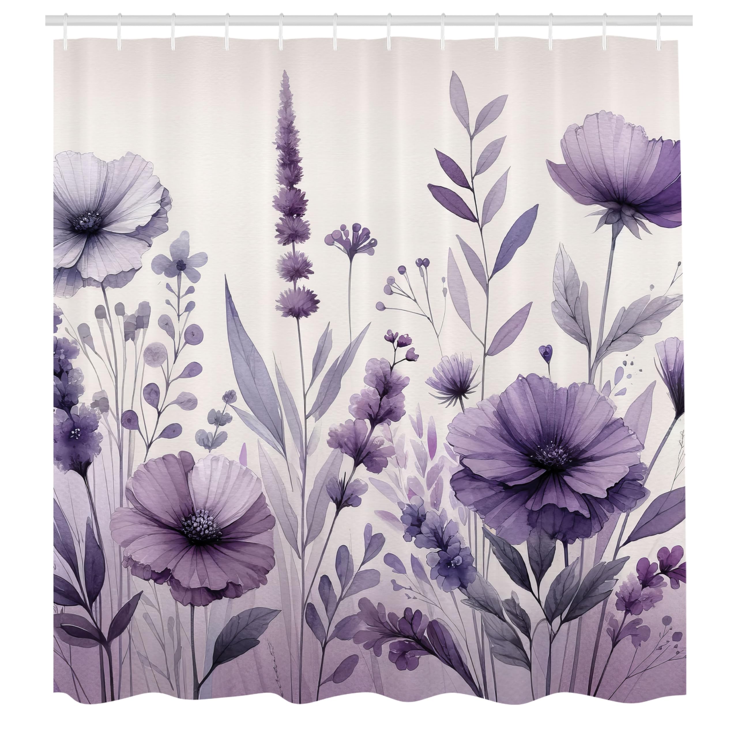 ABAKUHAUS Purple Shower Curtain, Watercolor Vintage Floral, Cloth Fabric Bathroom Decor Set with Hooks, 175 x 200 cm, Purple Light Grey Blush
