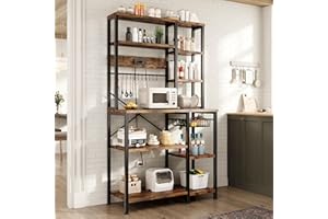 GRUSIGN Kitchen Bakers Rack with Storage, 6-Tier Coffee Bar Station with Power Outlet, Microwave Stand with 12 S-Shaped Hooks, Open Kitchen Storage Shelves for Spices, Pots and Pans, Rustic Brown