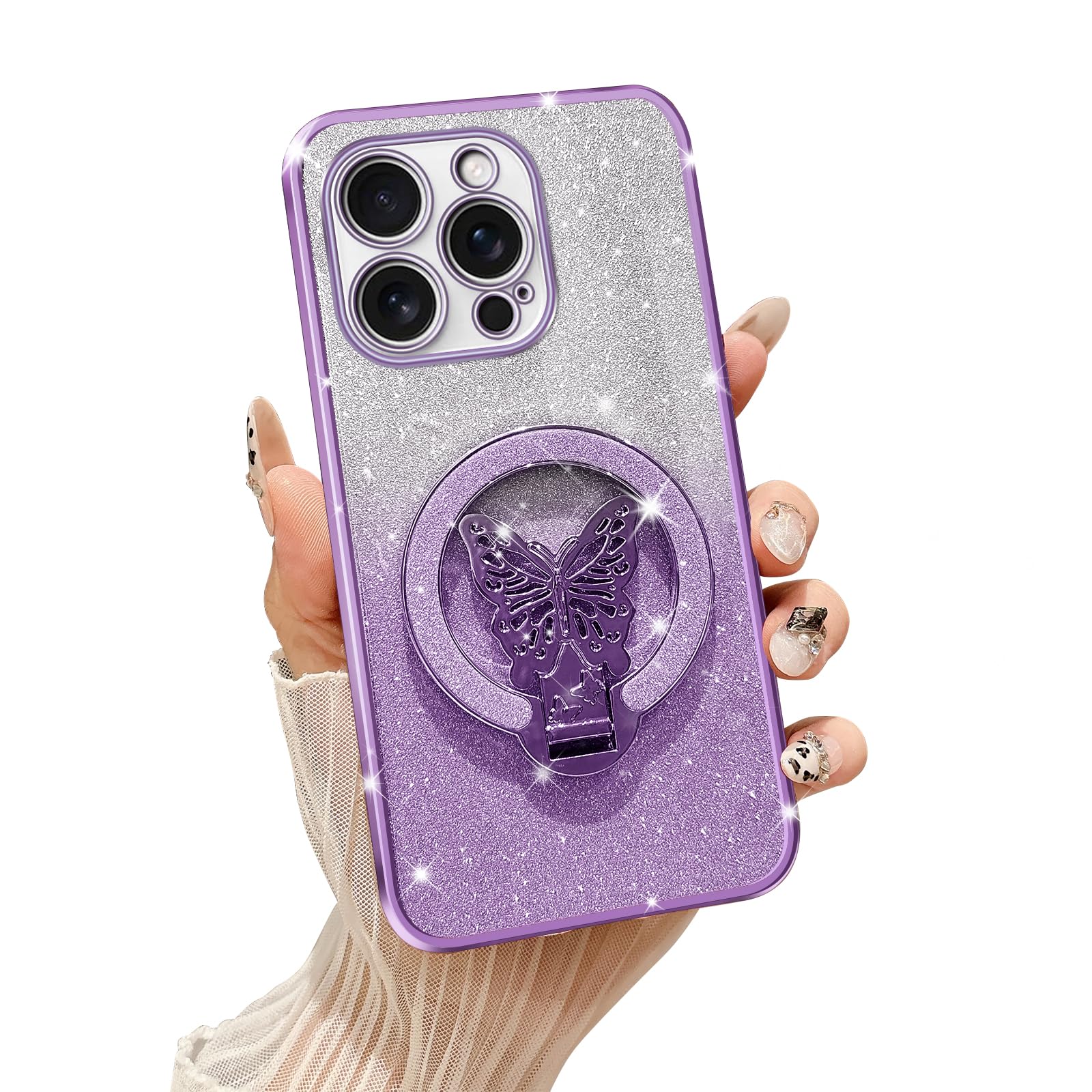Tesazxcn for iPhone 16 Pro Max Case with Butterfly Stand Compatible with Magsafe, Women Girls Bling Luxury Glitter Clear Phone Case Shockproof Protective Cover for iPhone 16 Pro Max, Purple