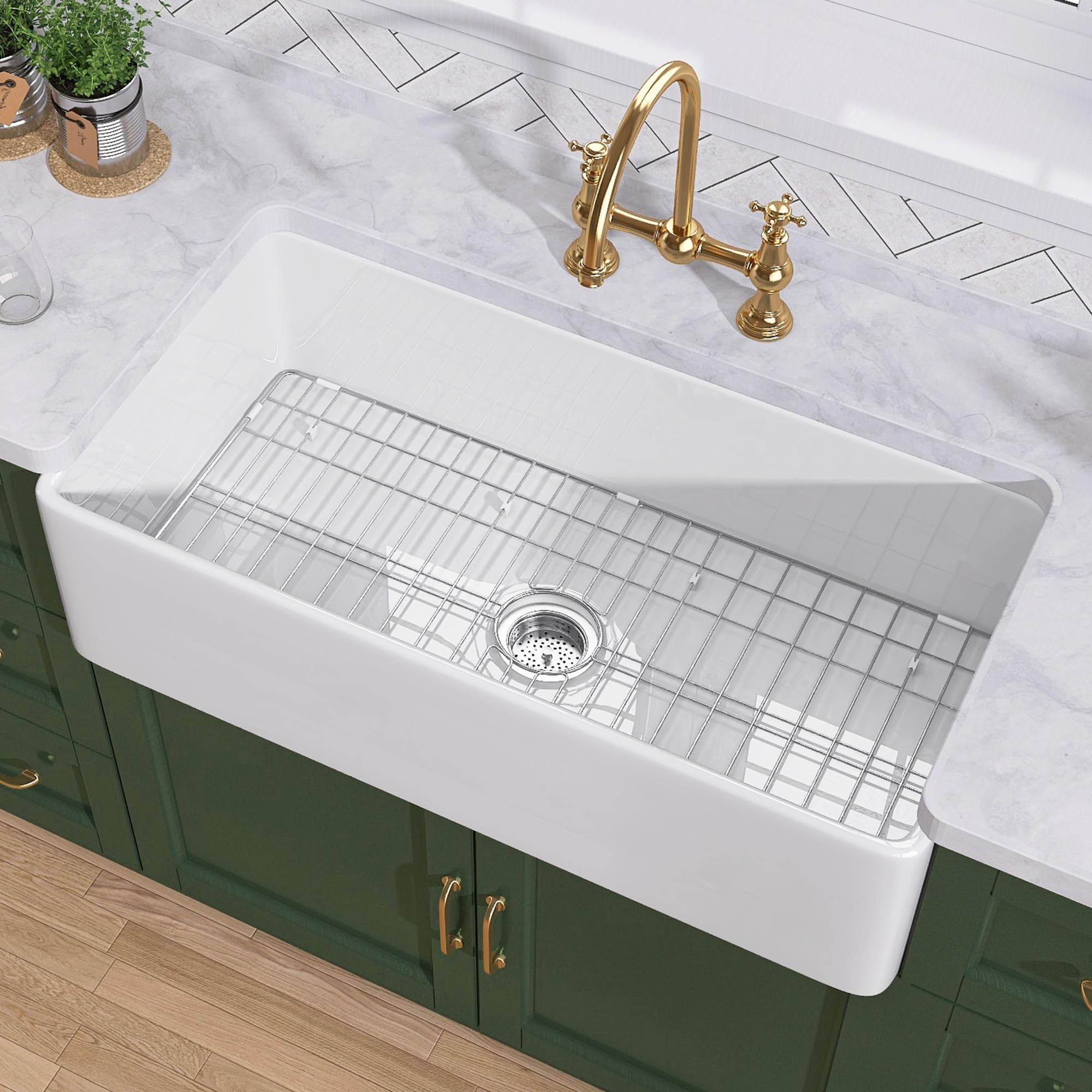 Photo 1 of TUKTUK White Farmhouse Sink 33 inch Fireclay Apron Front Farm House Kitchen Sink Single Bowl Deep Drop In Undermount Reversible Heavy Duty Easy to Clean Porcelain Kitchen Basin Modern Luxury Accessory