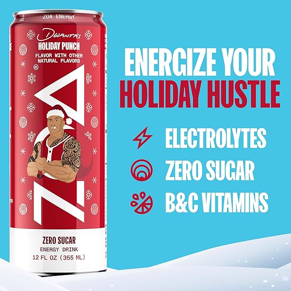 ZOA ENERGY SUGAR FREE ENERGY DRINKS WITH ELECTROLYTES FOR HYDRATION, DWANTA’S HOLIDAY PUNCH, 12 PACK, 12 FL OZ CANS