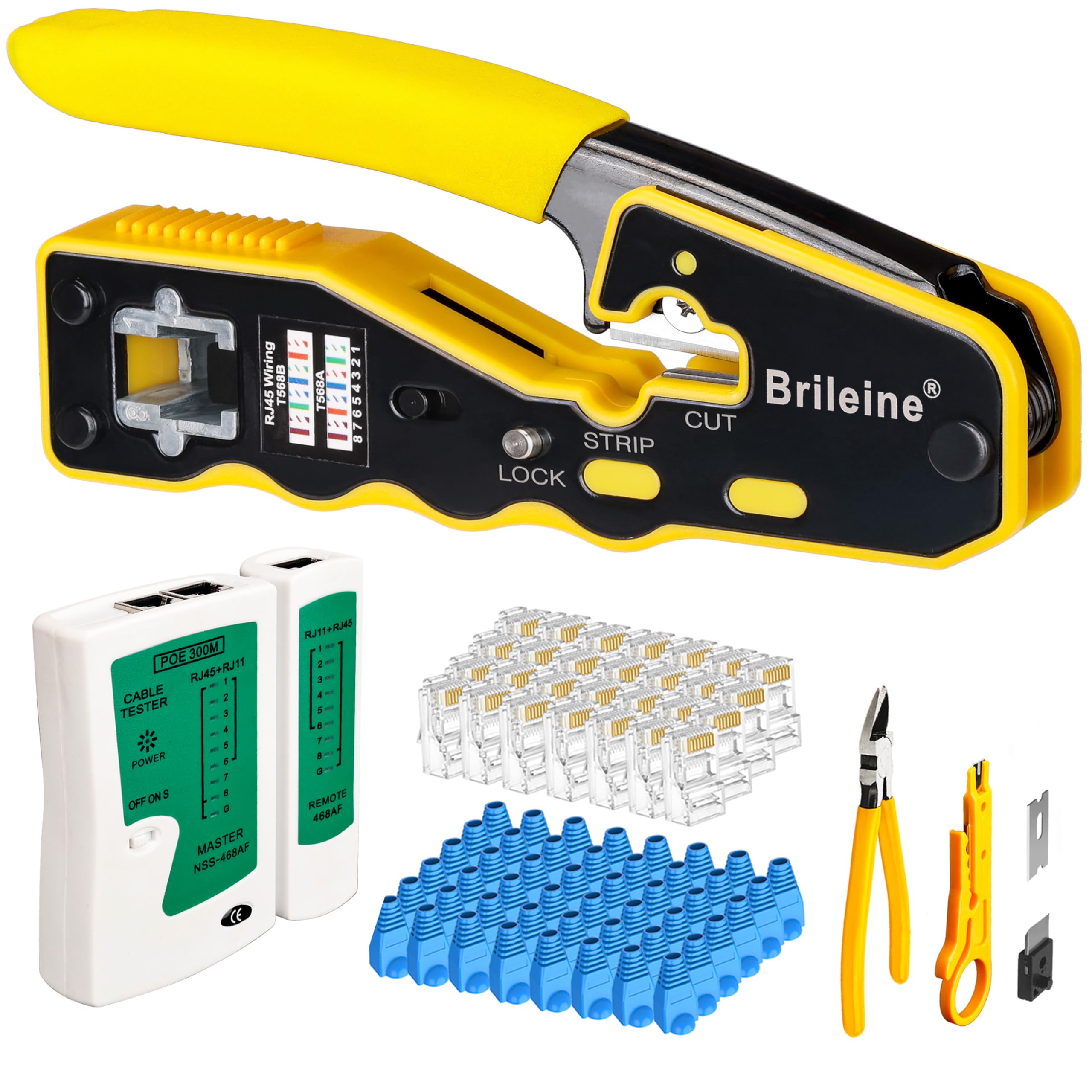 Brileine RJ45 Crimping Tool Kit Pass Through for Cat6 Cat5e Ethernet Cable, Network Cable Crimper with Cable Tester, 50PCS RJ45 Connectors, 50PCS Boots, Wire Stripper and Cutter