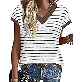 WIHOLL Womens Short Sleeve Sweater V Neck Cute Tops Trendy Spring Summer Striped Pullover Crochet Sweater Vest