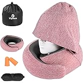 Vzpeun Travel Pillow - Hooded Neck Pillow Airplane Memory Foam Filling for Plane,Cars Sleeping, Road Trip, Long Flights, Portable Plane Accessories, Includes Eye Mask & Earplugs (Red)
