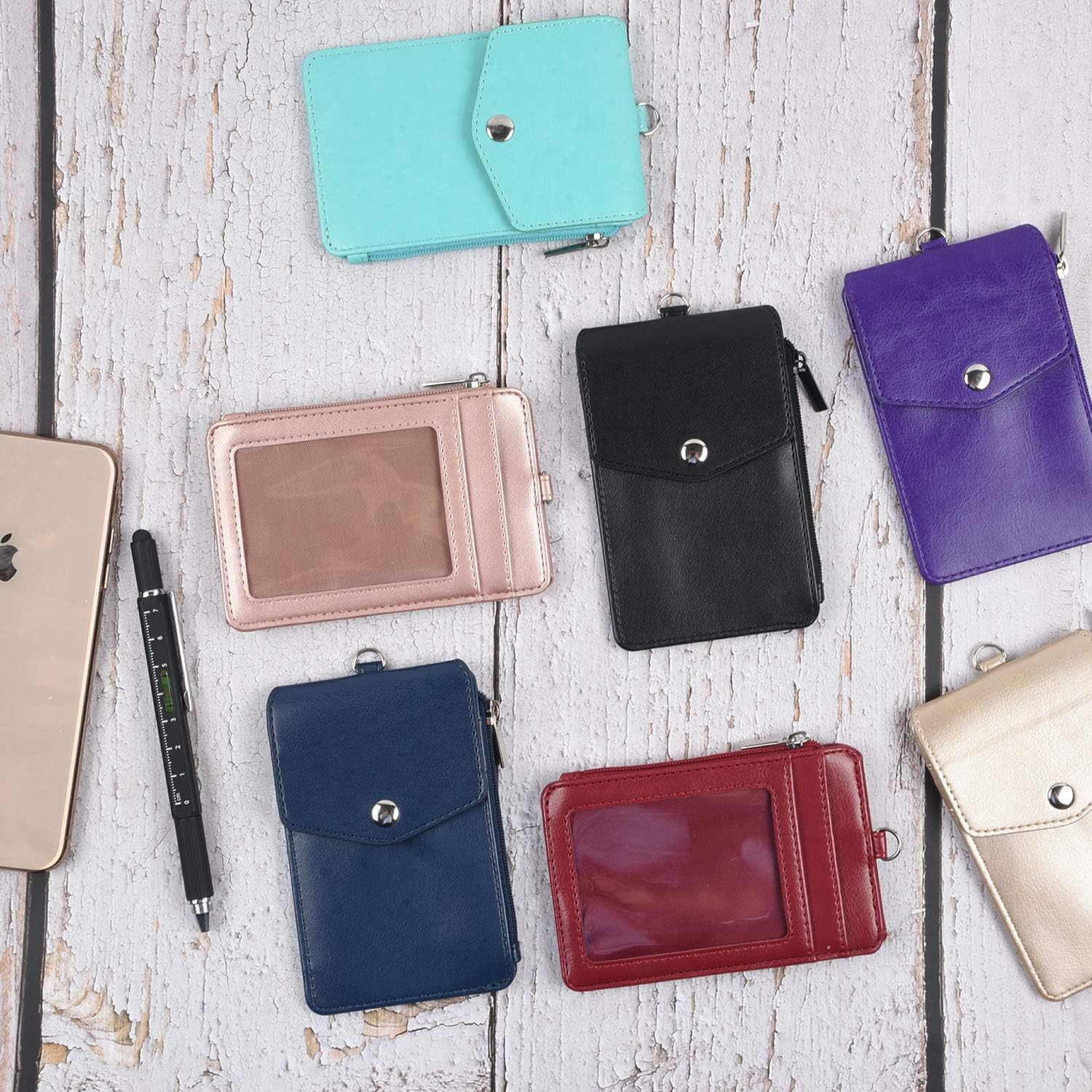 Leather Badge Holder with Zipper Pocket, 1 Clear ID Window and 3 Card Slots with Secure Cover, Premium Leather ID Holder with Nylon Lanyard for Office School ID, Credit Cards, Driver Licence : Office Products