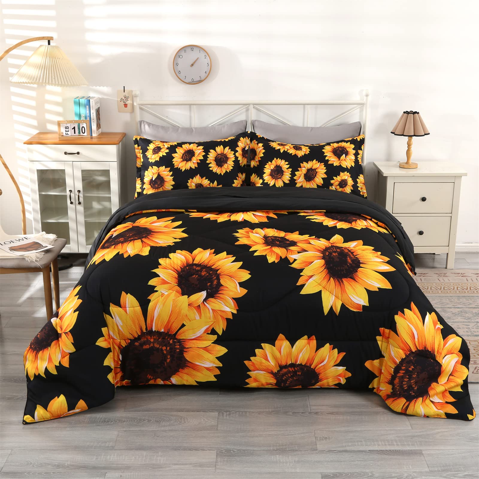 Photo 1 of Wowelife Sunflower Bedding Set Twin, 5 Piece Sunflower Comforter Bed Sets, Yellow Black Floral Teen Girl Bedding Set Kid Bedroom Set with Comforter, Flat Sheet, Fitted Sheet and 2 Pillowcases