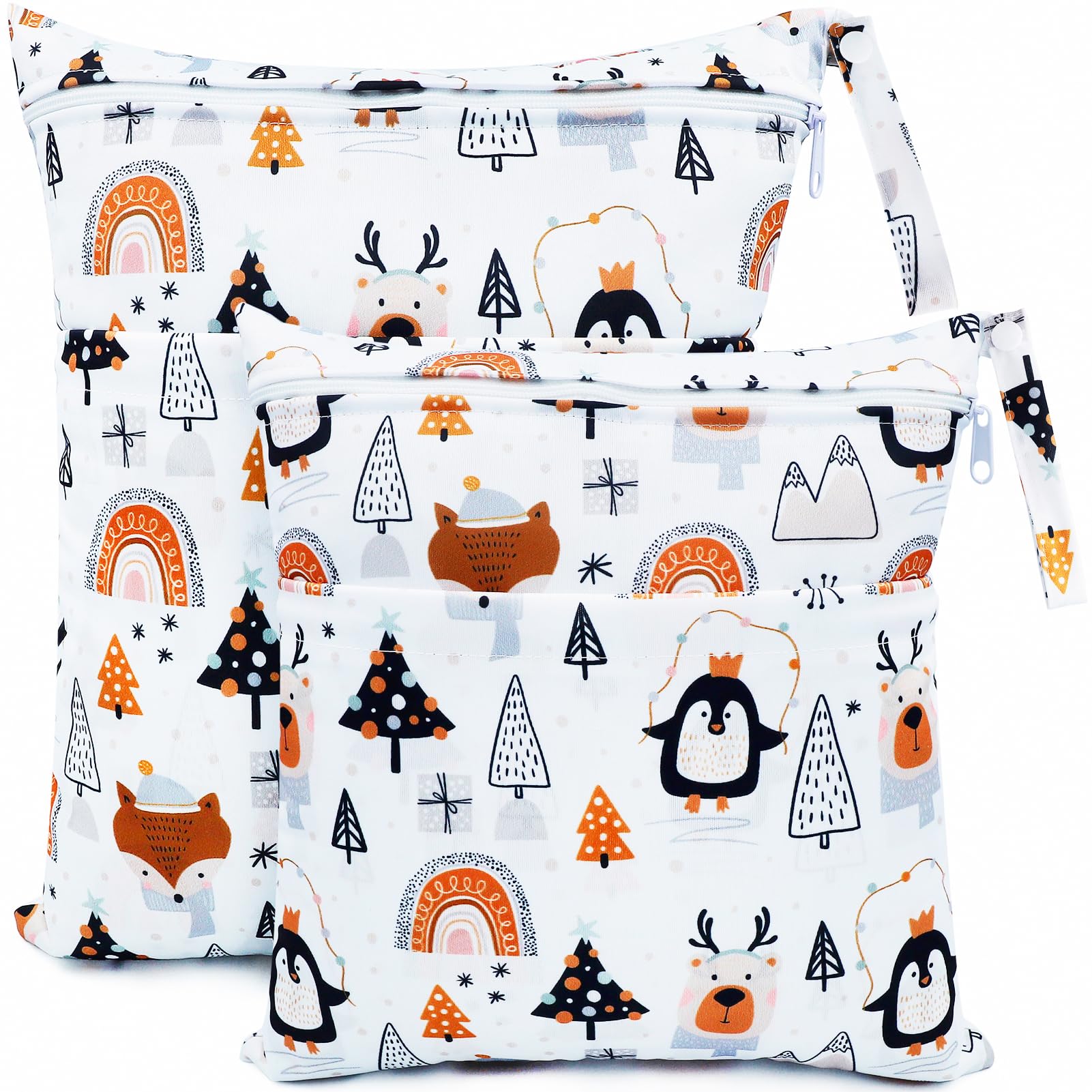 CHEESANHERR Cloth Nappy Bags，2 Pcs Wet Bags, Wet Dry Bags for Cloth Diapers, Changing Bag Storage Bag Organizer with Double Zipper Waterproof Washable Reusable for Daycare Travel Beach (White Penguin)