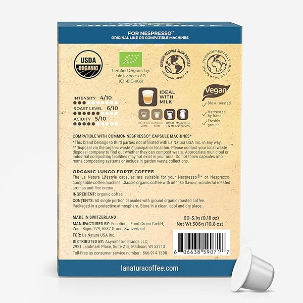 LA NATURA LIFESTYLE ORGANIC LUNGO FORTE COFFEE PODS – MEDIUM ROAST ARABICA COFFEE CAPSULES FOR NESPRESSO ORIGINAL LINE MACHINES – COMPOSTABLE CAPSULES, ALUMINUM-FREE – SINGLE-SERVE PODS (10 COUNT)