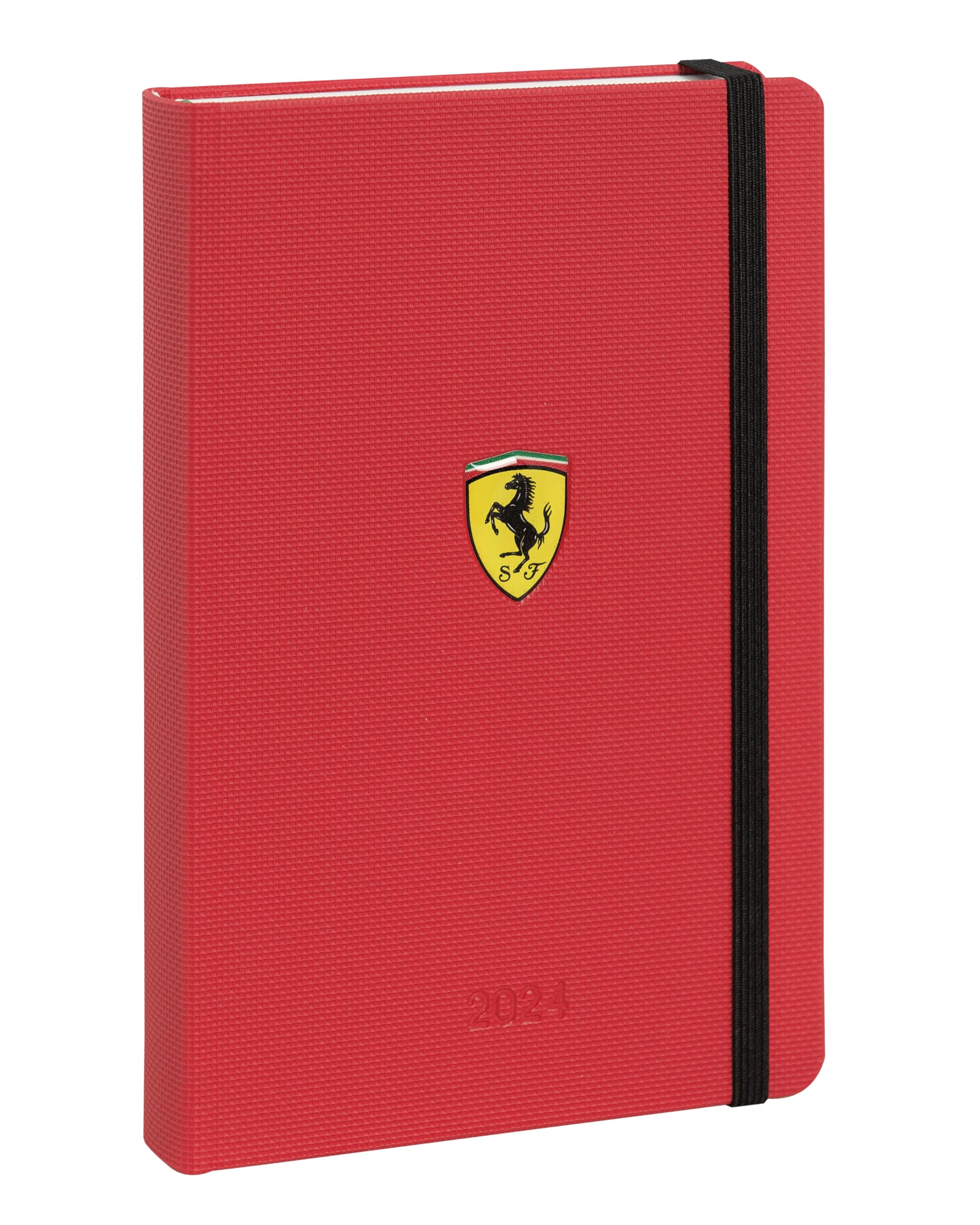 Ferrari, Medium - 2024 Daily Diary for Work or Personal, with Ferrari Logo Embossed Gel Effect, Elastic Closure - 11.8 x 18 cm - Red