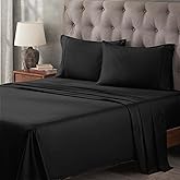 Superior Egyptian Cotton 400 Thread Count Bed Sheet Set, 1 Elastic Deep Pocket Fitted Sheet, 1 Flat Sheet, 2 Pillowcases, Soft Bedding, Luxury Sheets, Sateen Weave, Queen Size, Black